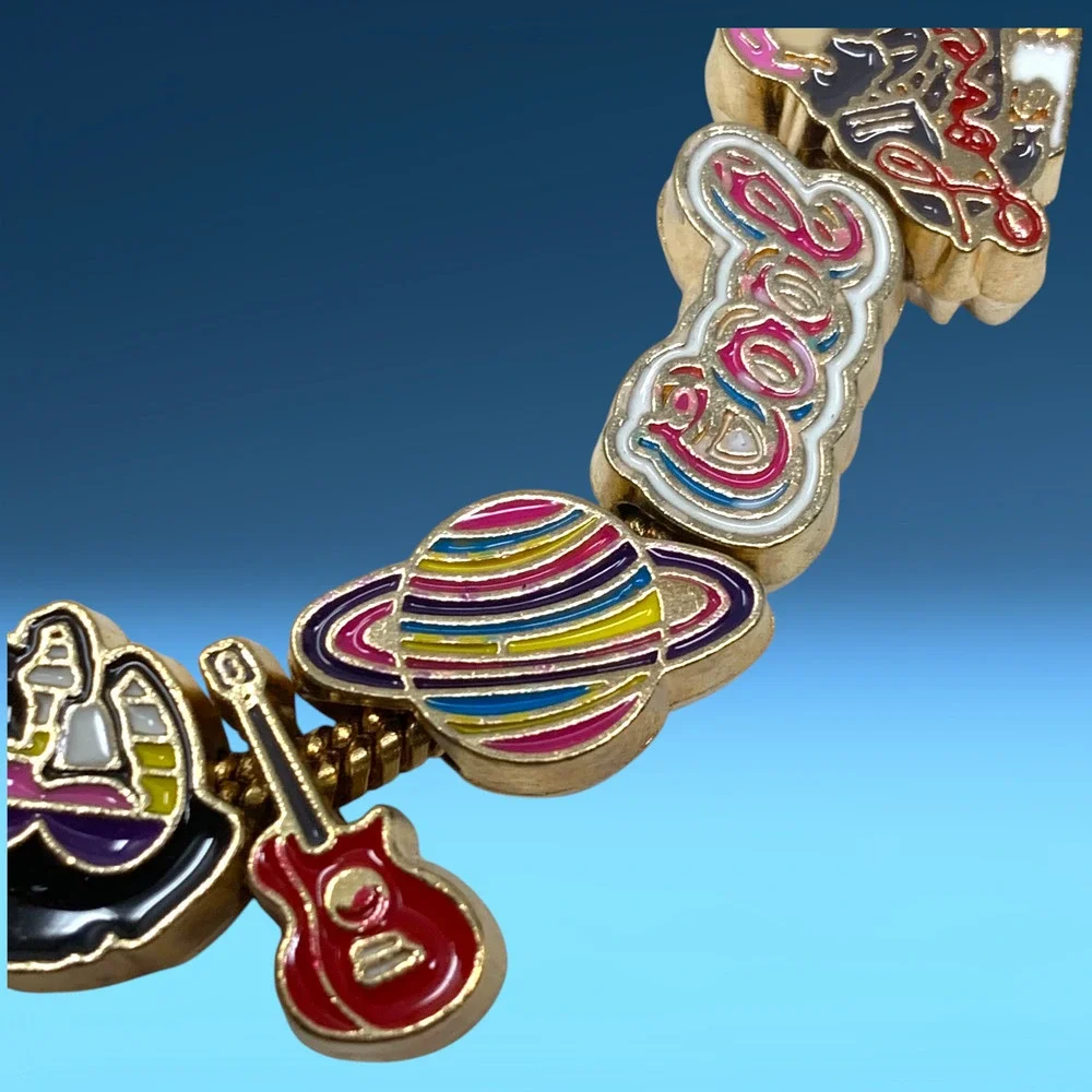 Add A Charm Bracelet Taylor Swift -Travel -Coffee -Guitar- Enamel Gold Tone
